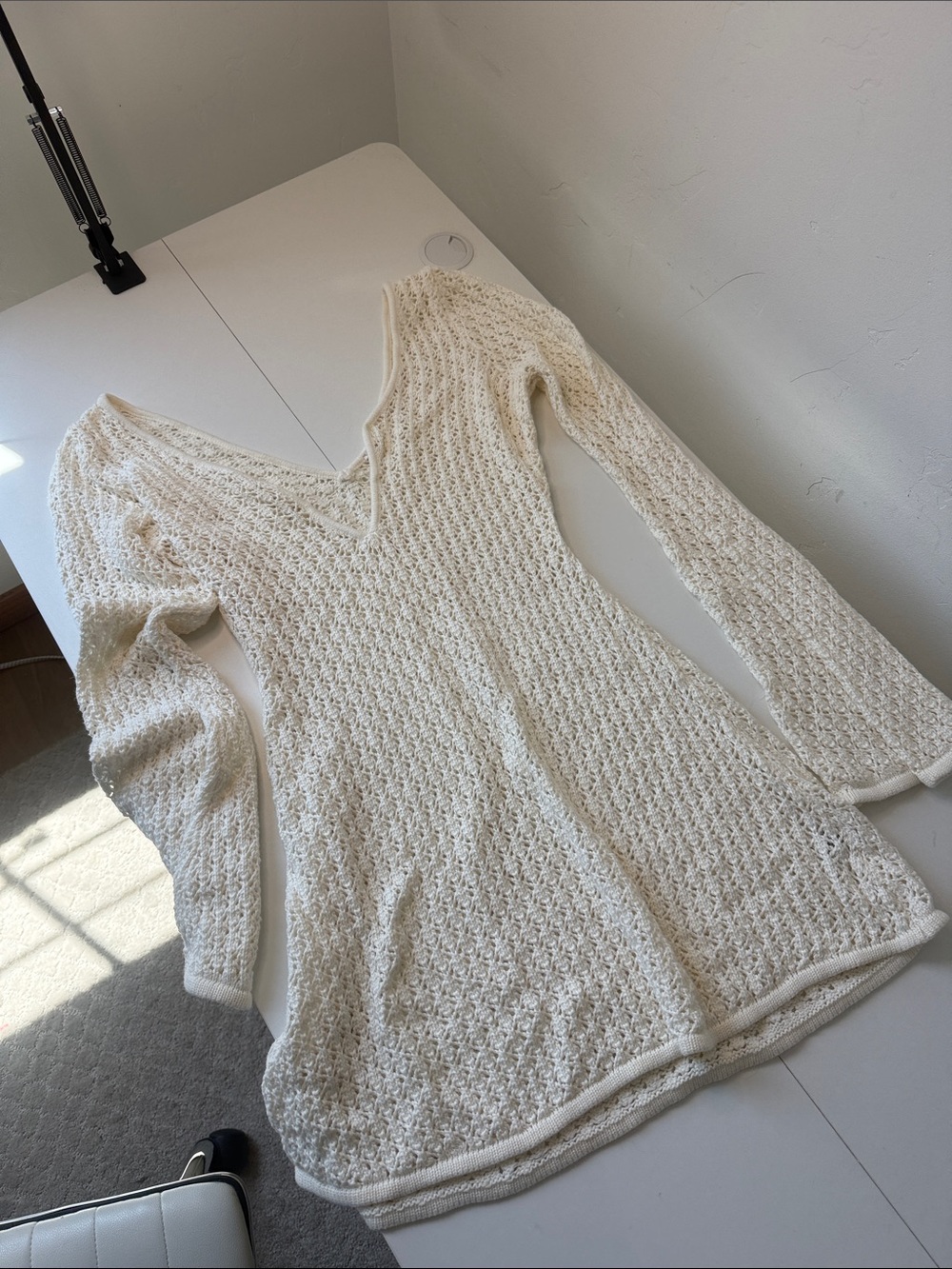 Cream Crochet Knit Long Sleeve V-Neck Mini Dress